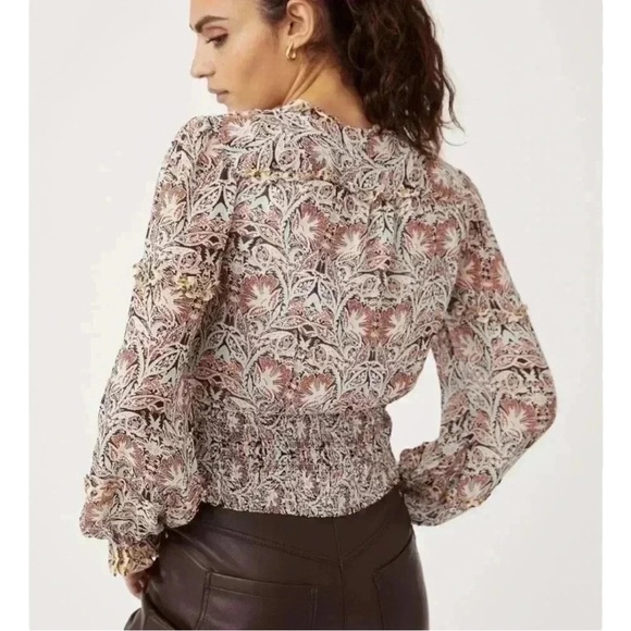 ANTHROPOLOGIE Faux Wrap Deep-V Neck Paisley Ruffle Blouse, size extra small - Picture 3 of 11